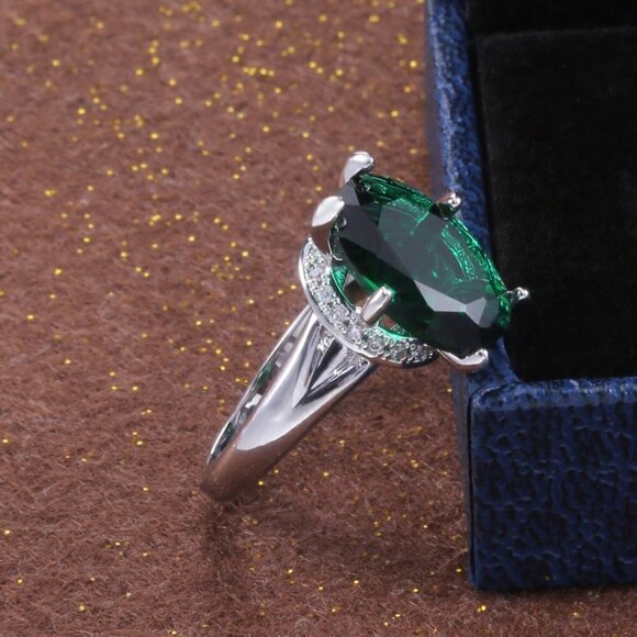💎 Dainty Large Oval Zircon Emerald Elegant Silver Rings for Women, INDN8212 - Picture 4 of 12